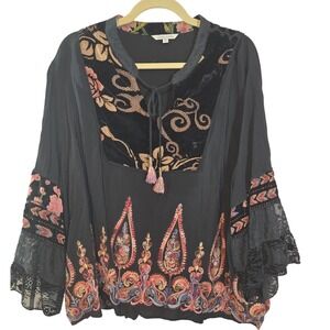 John Mark Black Blouse with Pink and Orange Accents